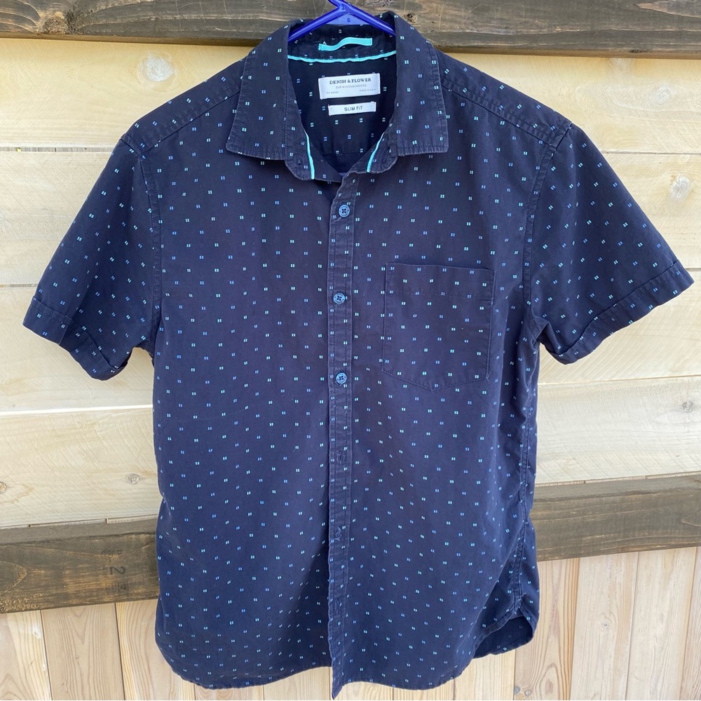 Denim & Flower Men’s Navy Short Sleeve Button Down Shirt Size Medium